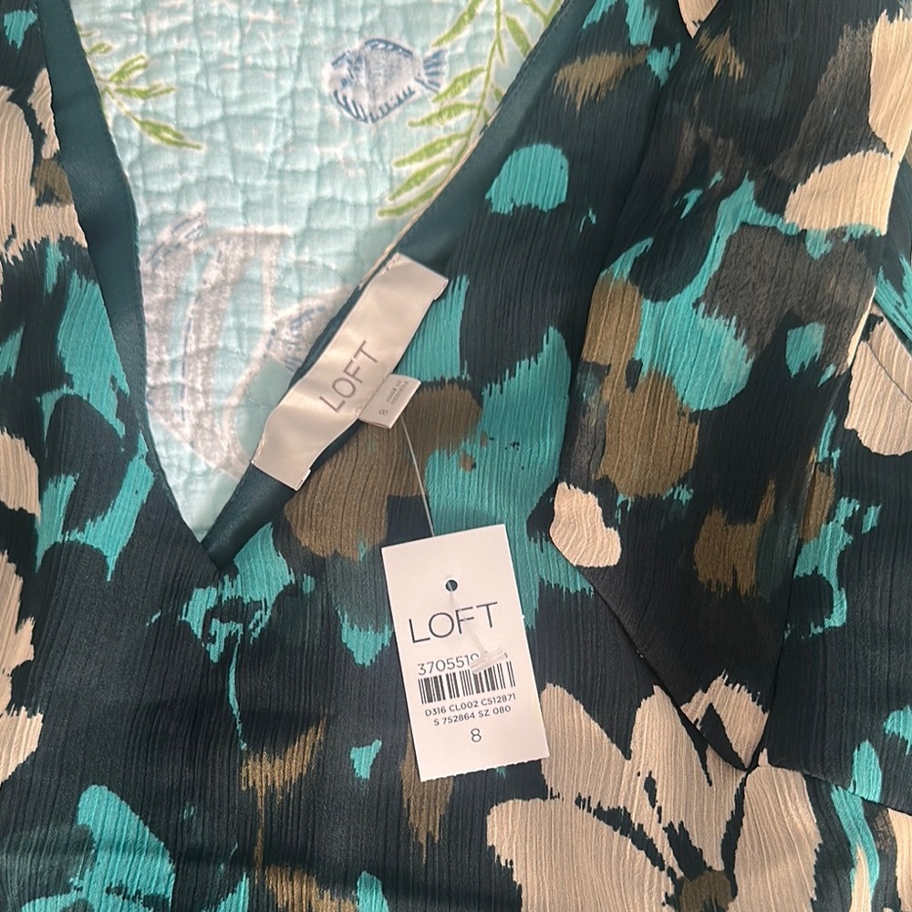 LOFT Teal Green and Beige Floral Dress Size 8